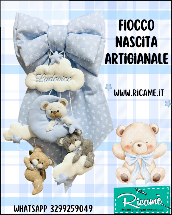 Fiocco Nascita Orsetti e Nuvole Azzurro